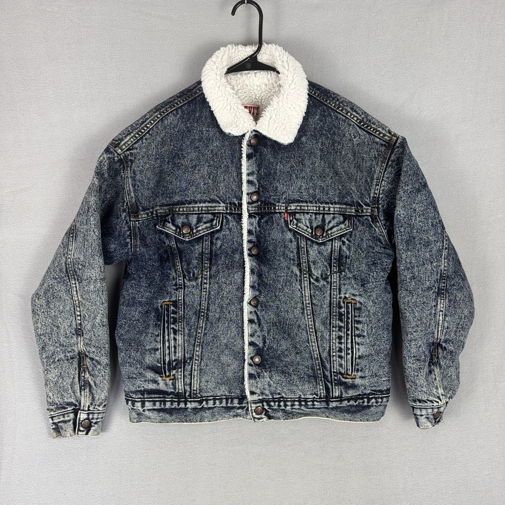 Vintage Levis Acid Wash Sherpa Lined Denim Jacket Mens Large 90s Snap Up Western